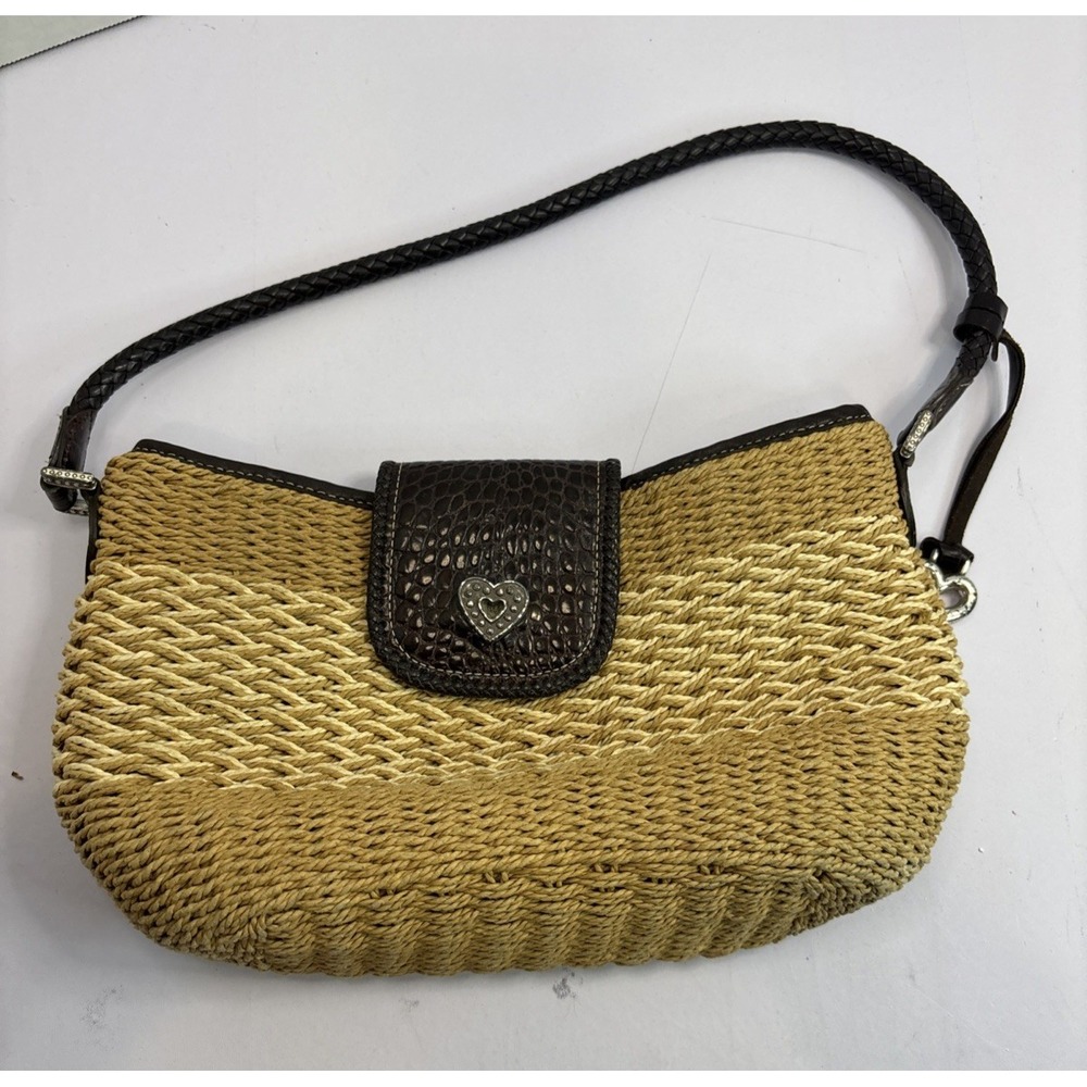 BRIGHTON Hand Woven Straw Shoulder Bag‎ Tote Purse with Brown Leather Trim Charm